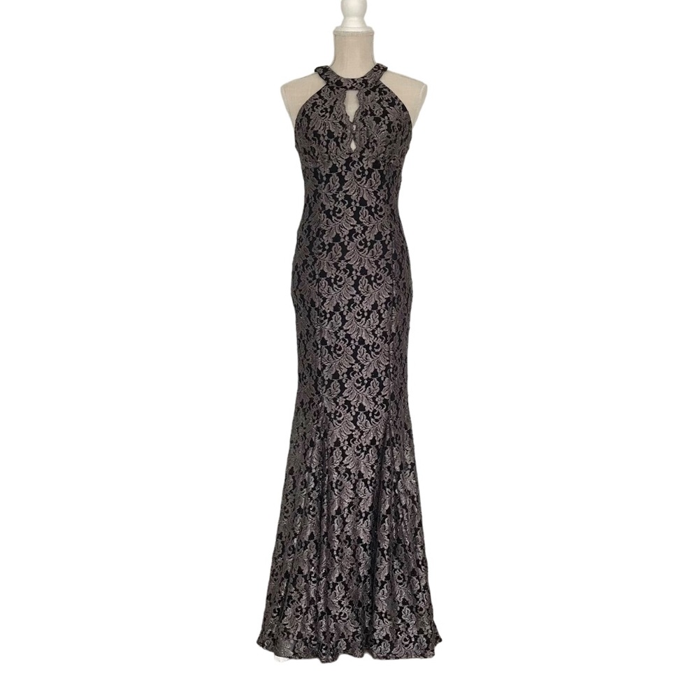 Fully lined black and champagne colored NW nightway maxi dress in size 4